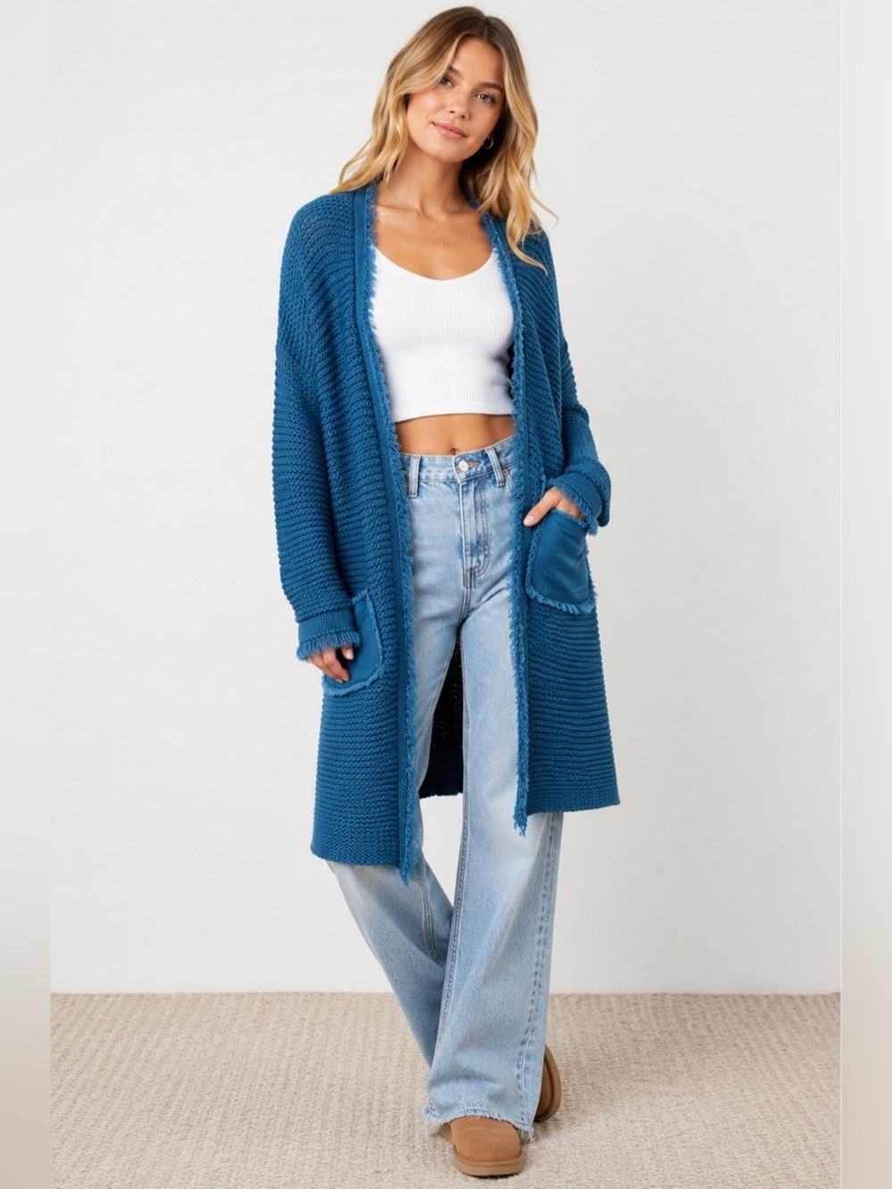 Free People Woodstock Cardigan Blue Open Knit Long Boho Slouchy Cozy Sweater - Picture 2 of 14